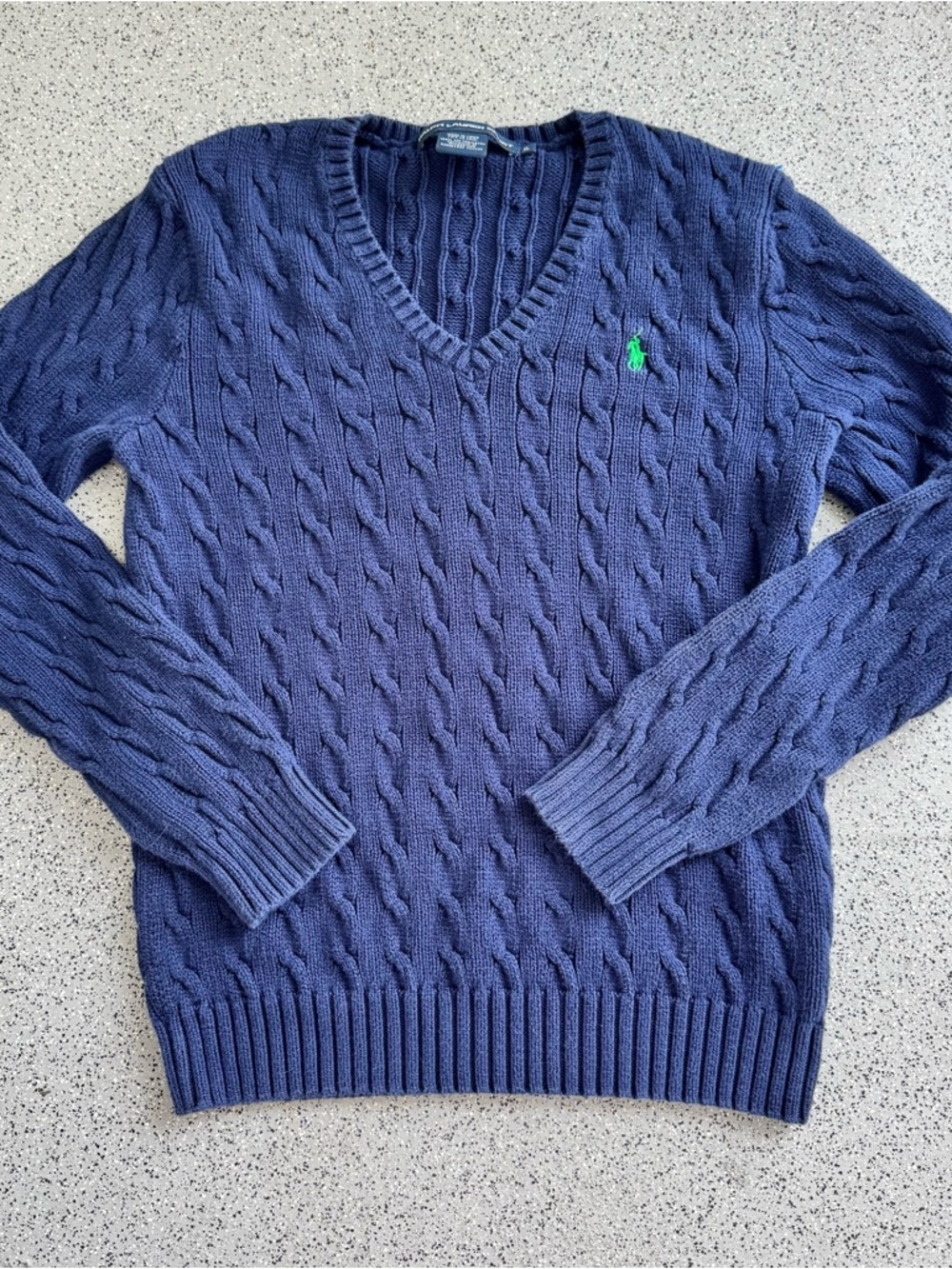 Ralph Lauren Navy Cable-Knit V-Neck Sweater with Green Pony